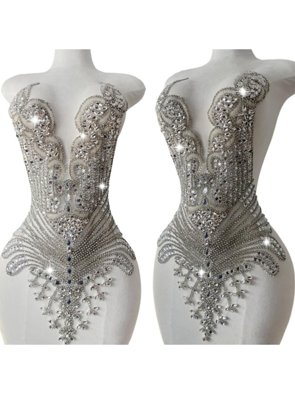 Large Silver Rhinestone Lace Applique Patch for DIY Dress, Bodice Decor